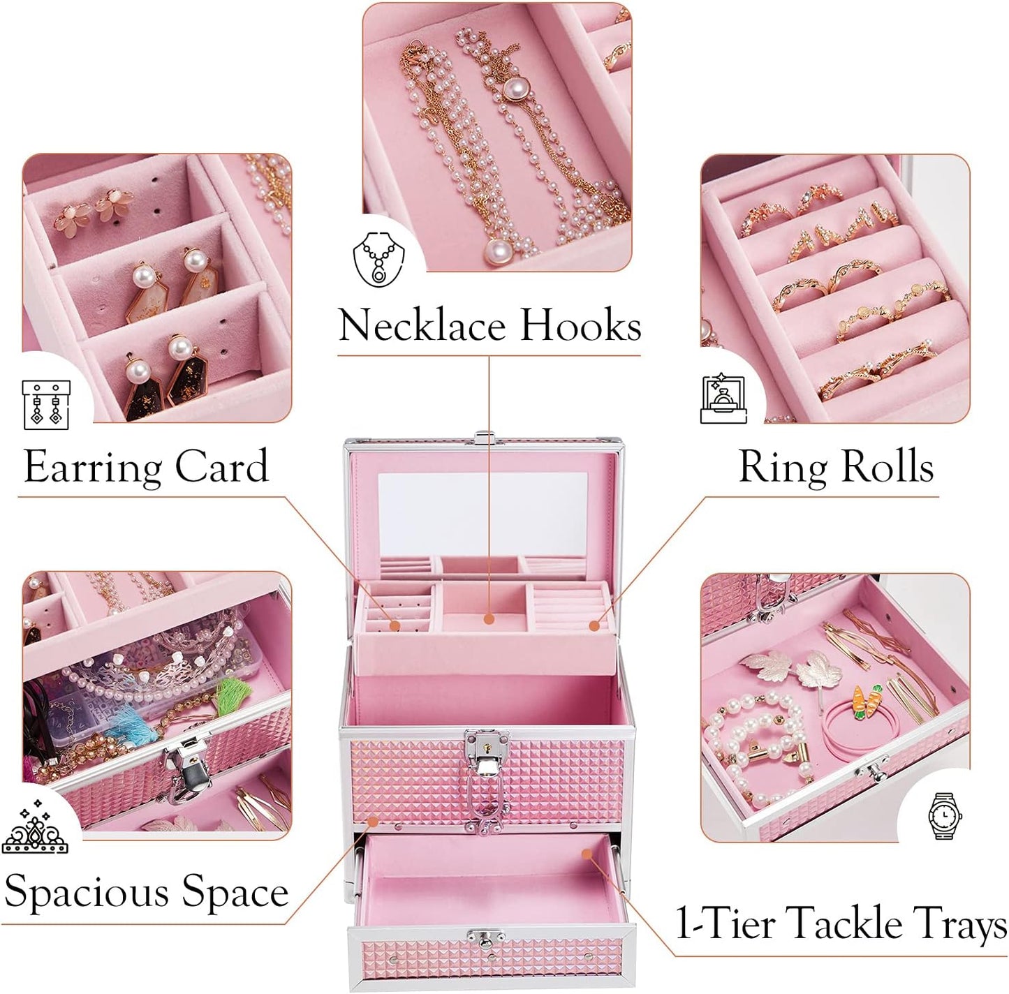Hododou Girls Jewelry Box Organizer with Drawer & Mirror, Shiny Pink Style Lockable Storage Case for Kid or Little Girls Jewelry and Hair Accessories