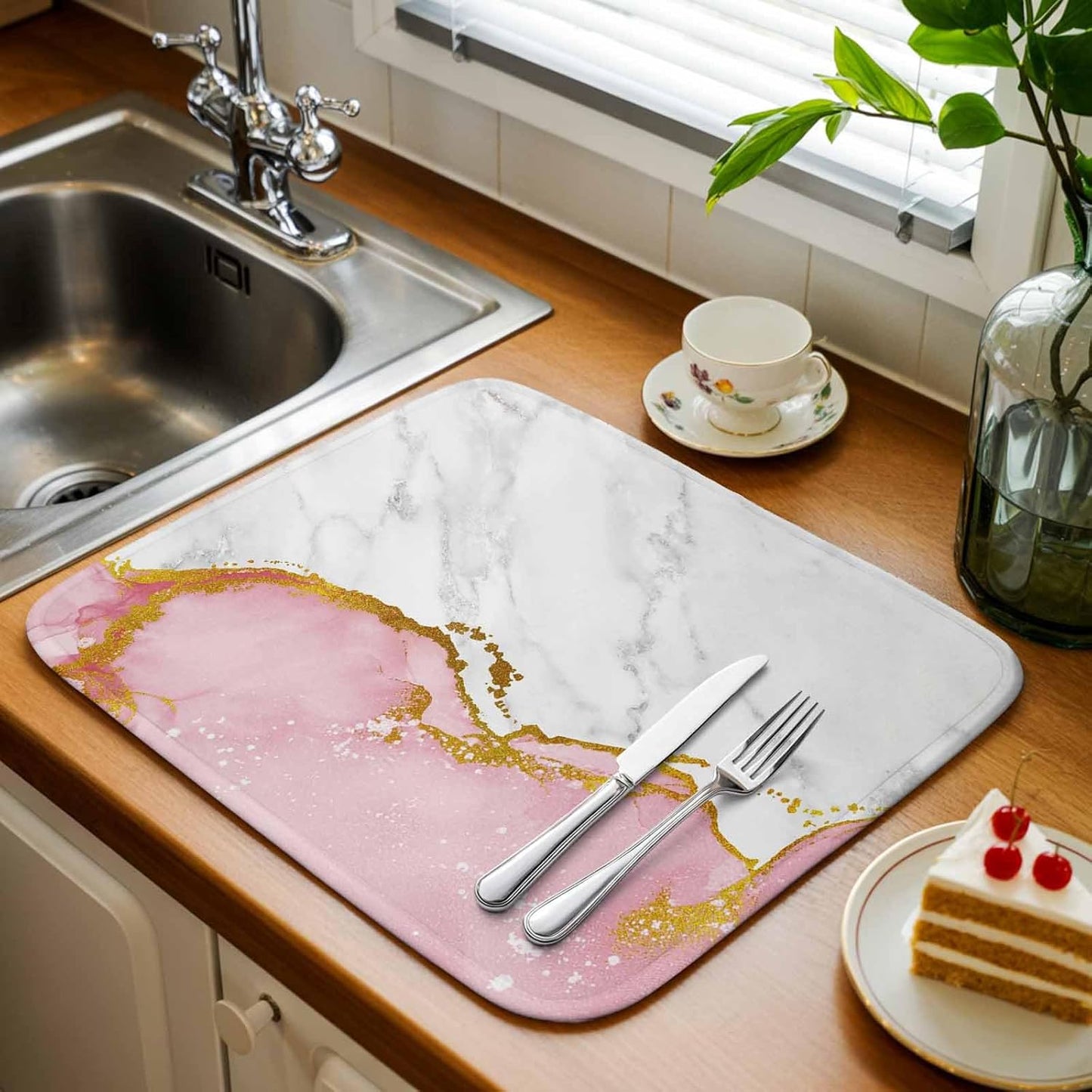 Dish Drying Mat for Kitchen Counter, Modern White Pink Marble Texture Absorbent Dish Mats Foldable Microfiber Drainer Pad 1PCS 18"x16", Classic Stone Artwork Plate Holder Mat for Countertop Sink