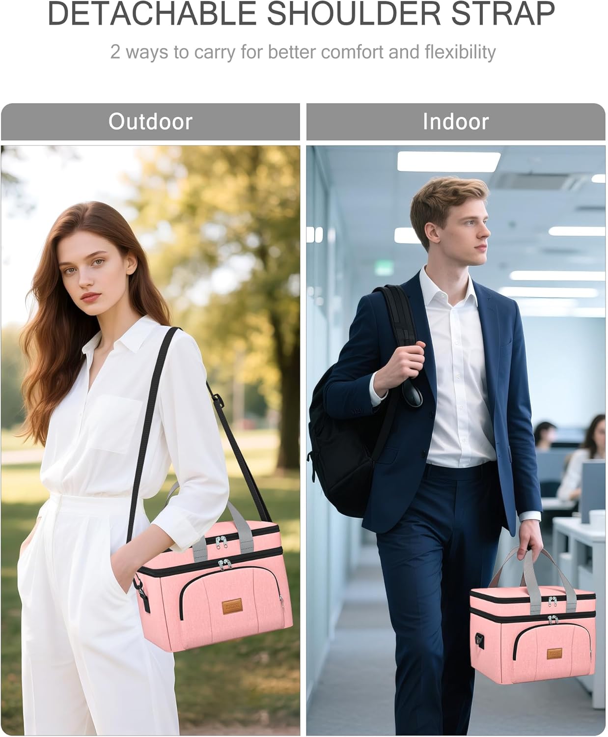 Rnivvi Lunch Box for Women, Double Decker Insulated Cooler Bag Lunch Bag Reusable Leakproof Tote Lunch Container with Strap for Work Family Picnic Hiking Camping, 18 Cans 12L, Large Adults, Rose Pink