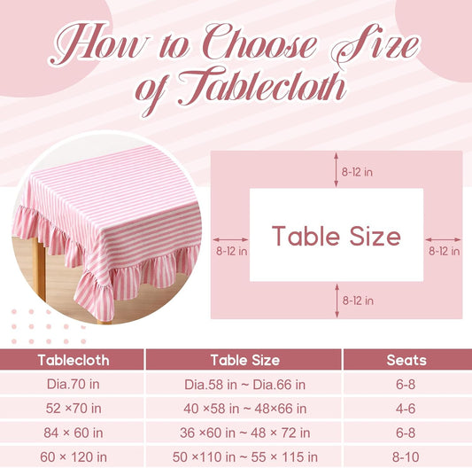 Mindsoft Pink Striped Ruffled Tablecloth 60 x 120 Inches Cotton Linen Rectangular Striped Table Cloth Classic Farmhouse Vintage Table Cover Decorative Pattern for Holiday Party
