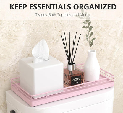 Toilet Paper Basket Organizer – Oak Wood Toilet Tank Tray with Metal Frame, Bathroom Counter Top Storage for Toilet Paper, Wipes & Decor, Modern Narrow Back of Tank Shelf Organizer, Pink