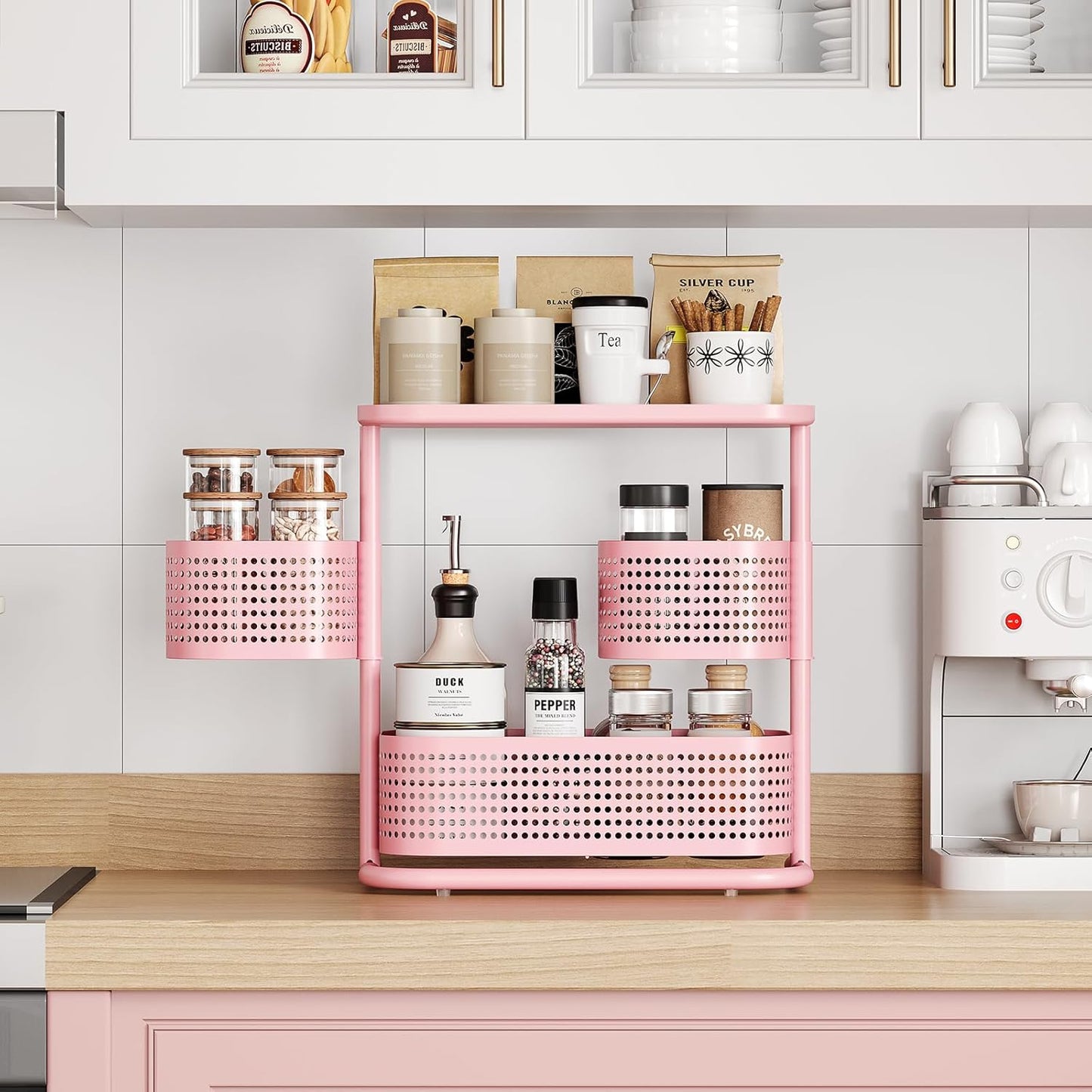 KINGRACK 3 Tier Pink Bathroom Counter Organizer, Rotating Makeup Organizer for Vanity, Perfume & Skincare Standing Shelf, Vanity Tray for Bathroom Countertop Storage, Pink