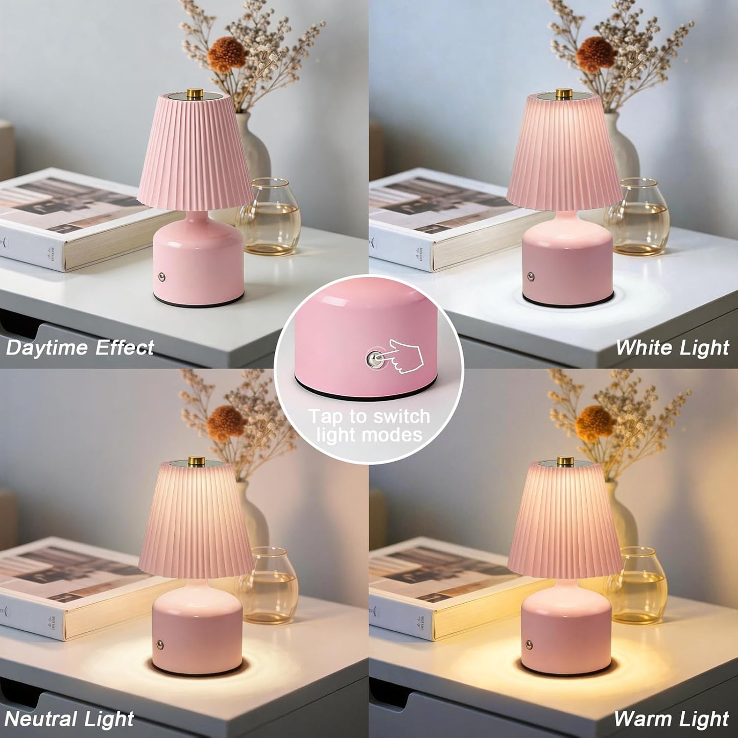 Small Bedside Lamp Rechargeable Table Lamp, Touch Lamps for Nightstand 3 Color Stepless Dimming, Metal Base Pleated, for Bedside, Bedroom, Dining Room, Living Room (Pink)