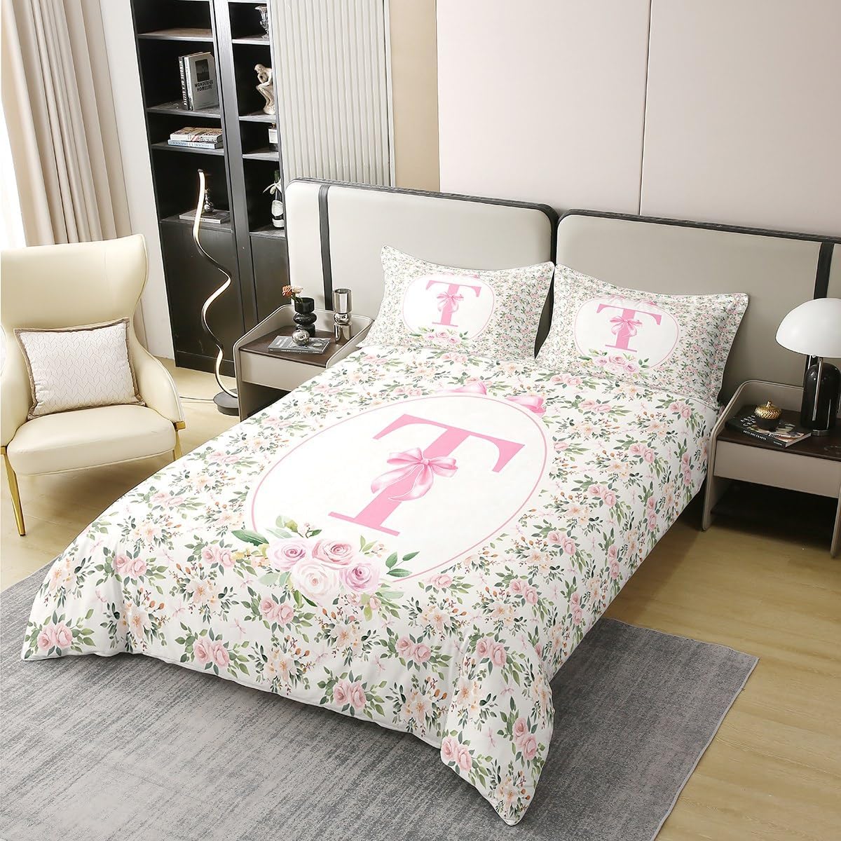Erosebridal Peach Blossom 100% Cotton Duvet Cover Twin Size Letter T Bedding Set for Kids Girls WomenPreppy Kawaii Coquette Girly Comforter Cover Fashion Princess Dreamy Ribbon Bow Bedclothes