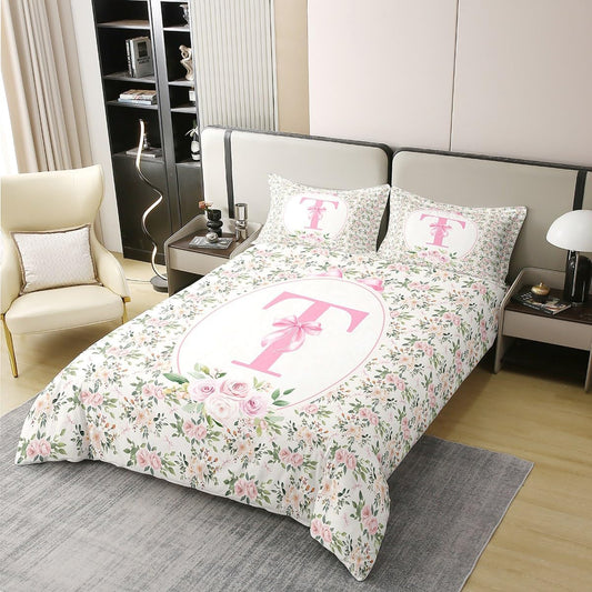 Erosebridal Peach Blossom 100% Cotton Duvet Cover Twin Size Letter T Bedding Set for Kids Girls WomenPreppy Kawaii Coquette Girly Comforter Cover Fashion Princess Dreamy Ribbon Bow Bedclothes