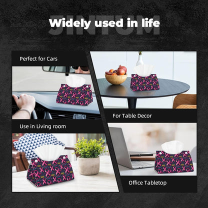 Pink Ribbon Graffiti Print Long Leather Tissue Box Cover Holder, Foldable Modern Tissue Box Cover, Aesthetic Desk Accessories for Bathroom Tabletop Office Car Home Decor