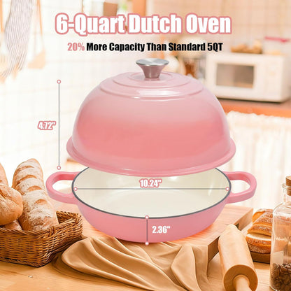 6QT Enameled Cast Iron Dutch Oven for Bread Baking – Sourdough Starter Kit with Cotton Basket, Bread Sling, Lame, Brush & Handle Cover – Multi-Purpose Pot for Baking, Frying, Braising – Pink