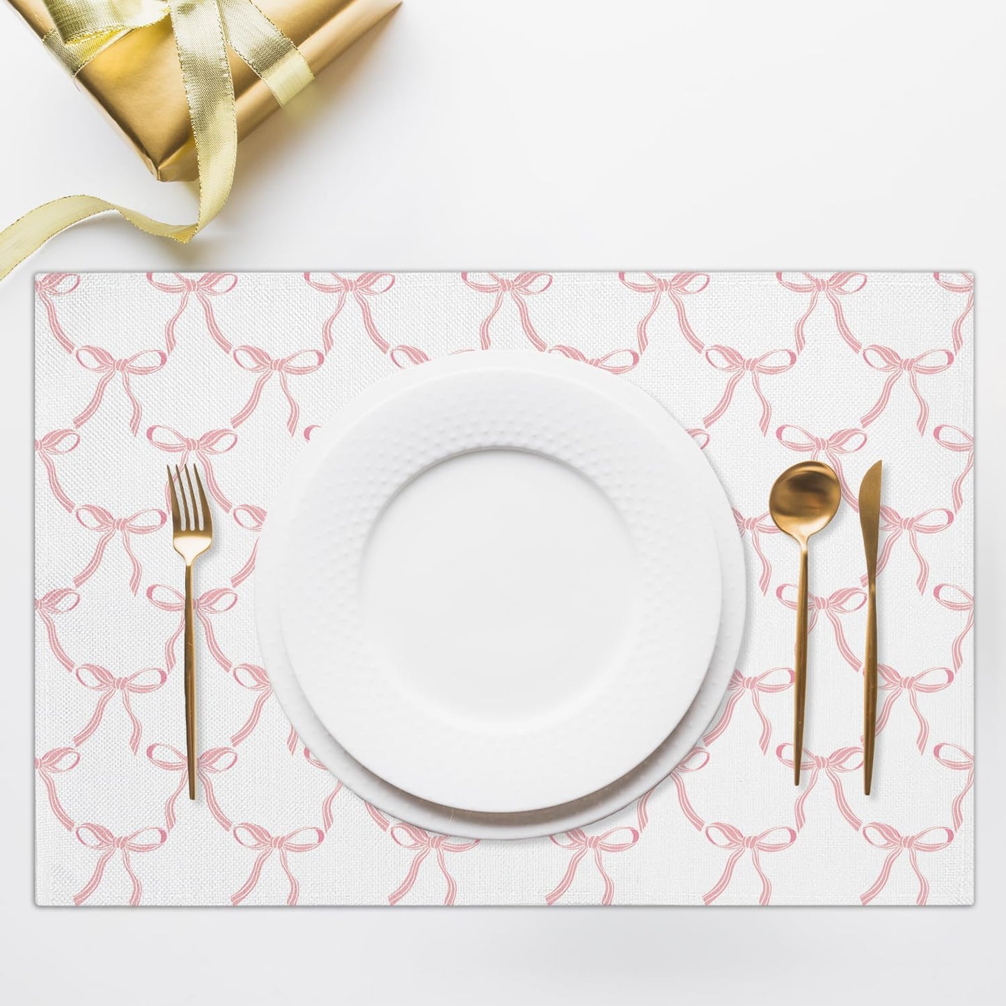 Pink Bow Placemats Set of 4, 12x18 Inch Waterproof Washable Heat Resistant Place Mats, Table Placemats for Dining Restaurant Farmhouse Decoration, Indoor Outdoor Table Decor -rc12