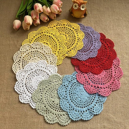 Handmade Lace Crochet Round Placemats and Cup Coasters Set, 20 cm Blended Fabric, Elegant Table Decor for Christmas, Tea Parties, Brunches and Festive Gatherings, 10 Pieces(Pink)