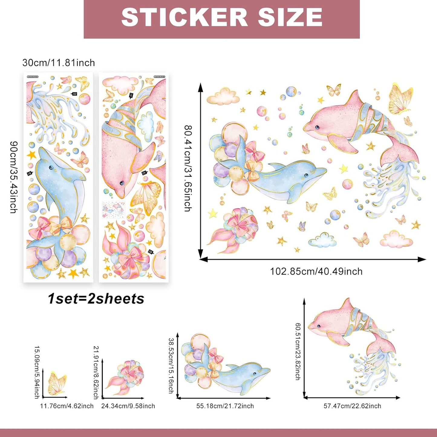 Under the Sea Dolphin Wall Stickers Cute Dolphins Bubbles Wall Decals Ocean Animal Peel and Stick Decor for Kids Room Bedroom (Pink)