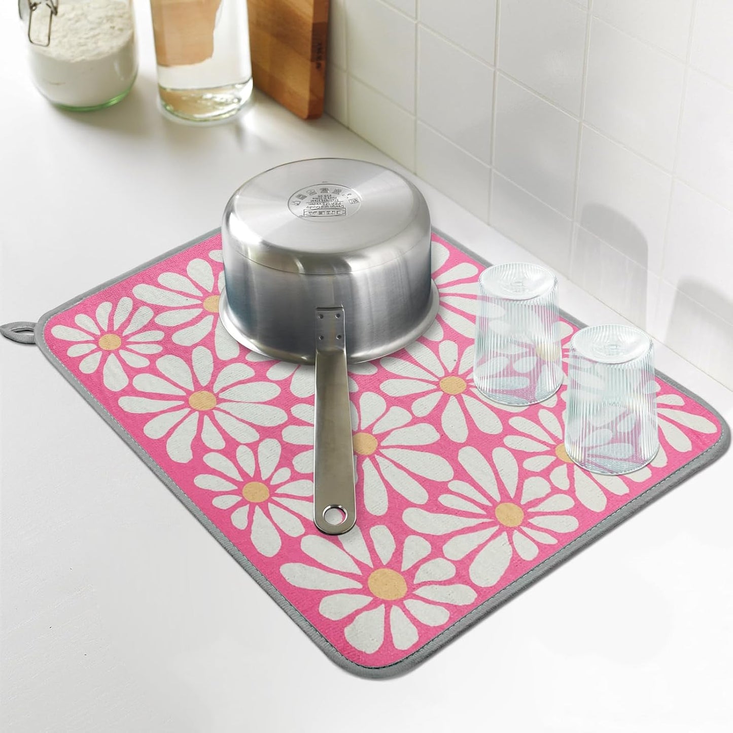 SHIYUE Dish Drying Mat for Kitchen Counter Super Absorbent Spring Kitchen Decor Microfiber Drying Matainers Rack Fast Pad Dish Drainer Mats(Pink Flower,16''x18'')