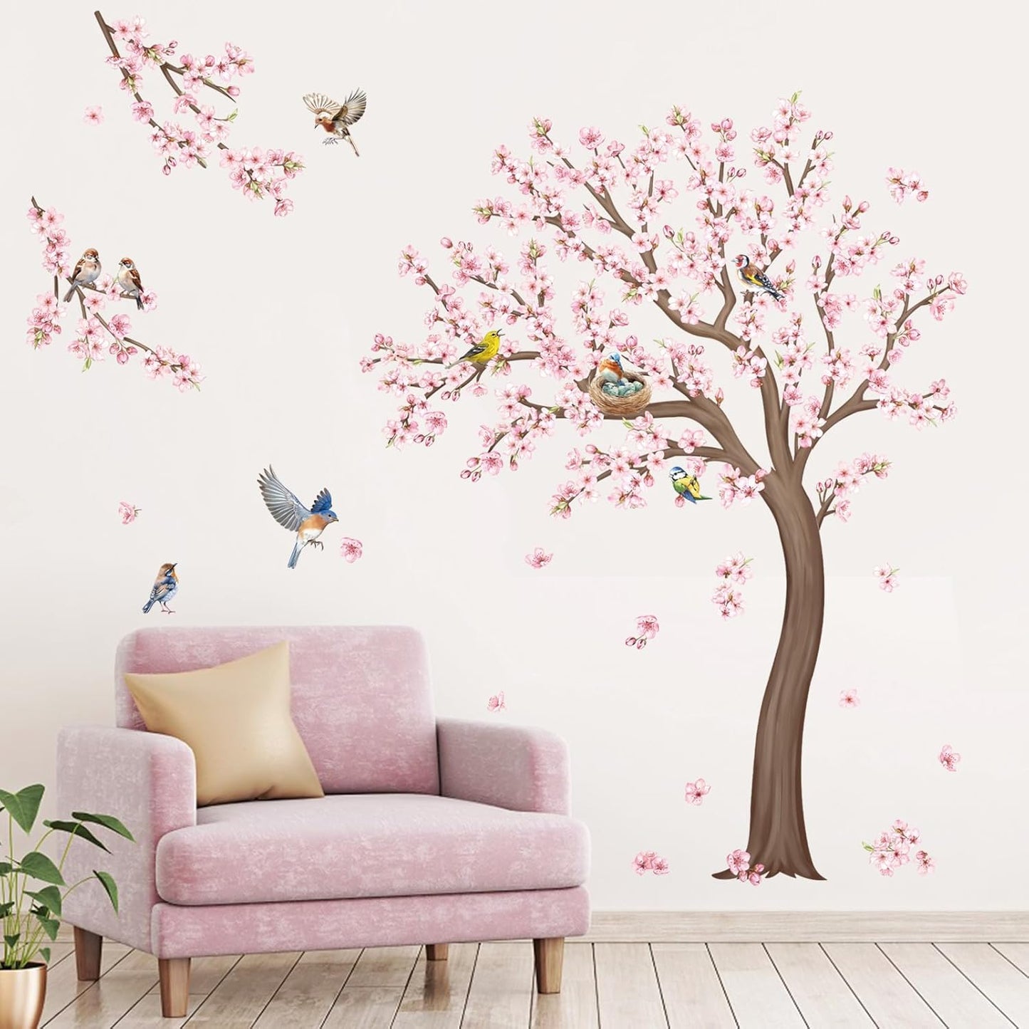 decalmile Large Cherry Blossom Tree Wall Stickers Pink Flower Birds Tree Branch Wall Decals Living Room Girls Bedroom Baby Nursery Wall Decor(H: 59 inches/150 cm)