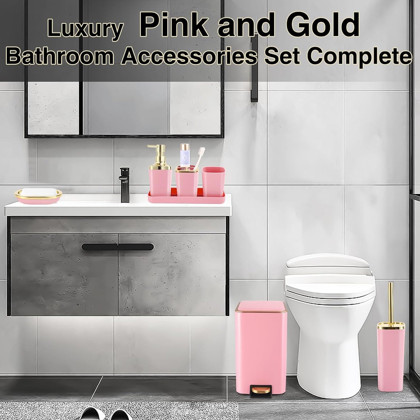XLHOMO Pink Bathroom Accessories Set 8 Piece Pink and Gold Bathroom Set, Bathroom Sets with Stainless Steel Trash Can,Toilet Brush,Toothbrush Set,Soap Dispenser