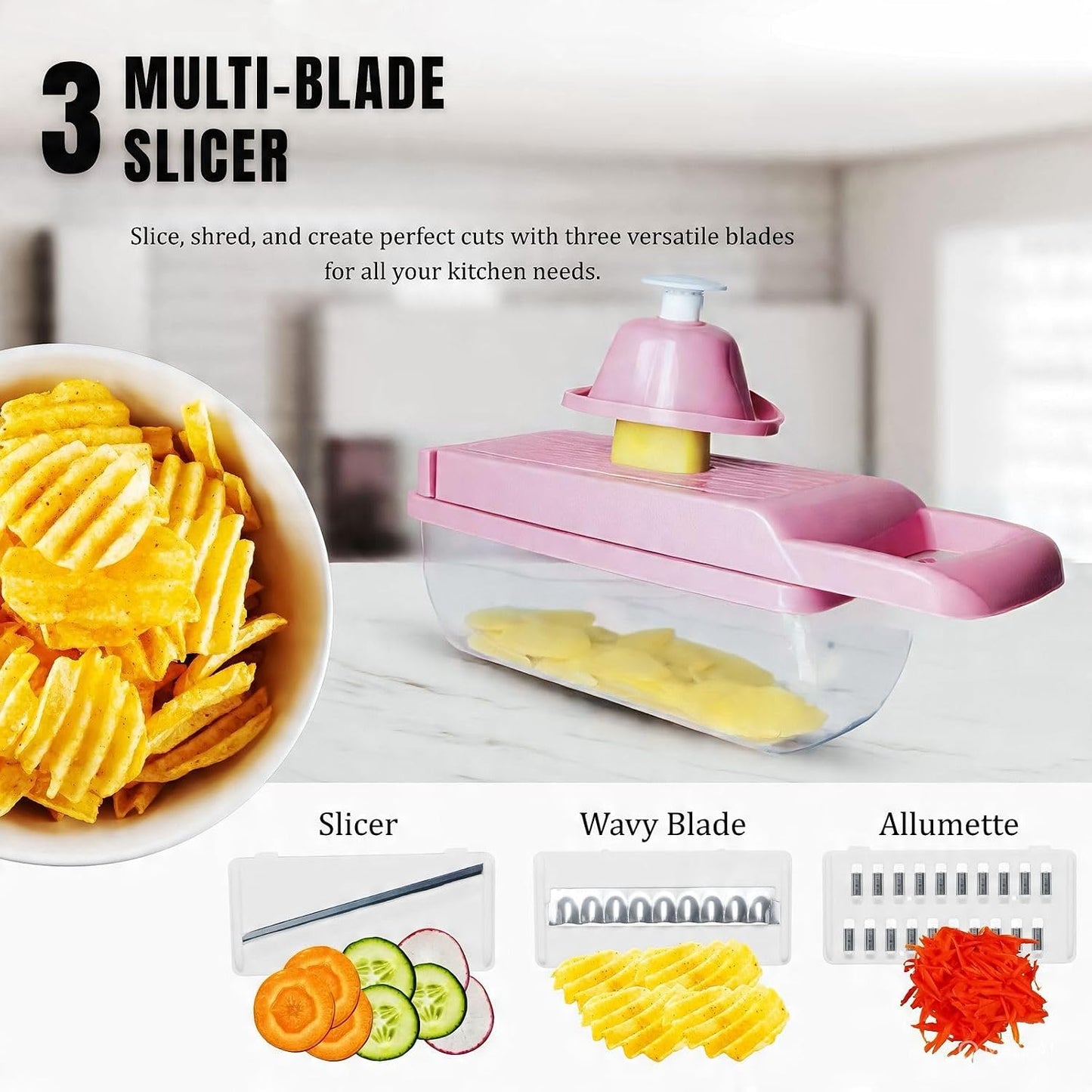 Kalmat Dynamics Food Chopper and Vegetable Slicer, 16-in-1 Multi-Function Kitchen Chopper with 7 Blades and Container, Free Black Cooking Apron (Pink+White)