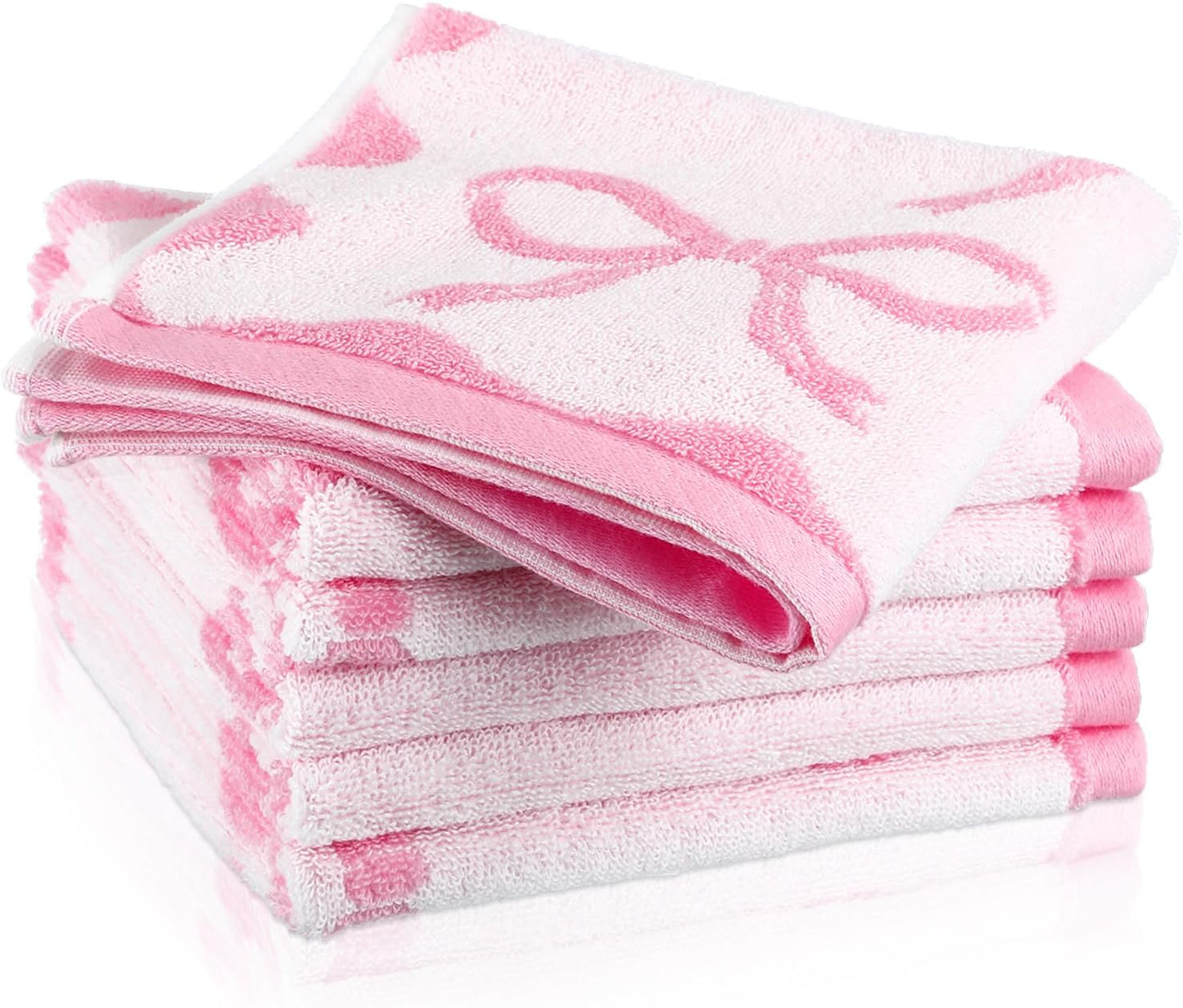 Coume 6 Pcs Pink Bow Washcloths 100% Cotton Wash Cloths 13" x 13" Coquette Small Face Towels Absorbent Soft Preppy Wash Cloths & Hand Bath Towels for Bathroom, Spa, Kitchen Drying Cleaning