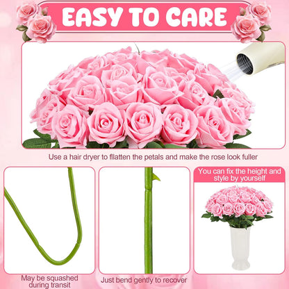 36 Pcs Pink Velvet Texture Soft Artificial Flowers Bridal Bouquet, Real Touch Fake Rose Long Stem Realistic Flowers Bulk for DIY Wedding Ball Arrangement Centerpiece Party Home Decor