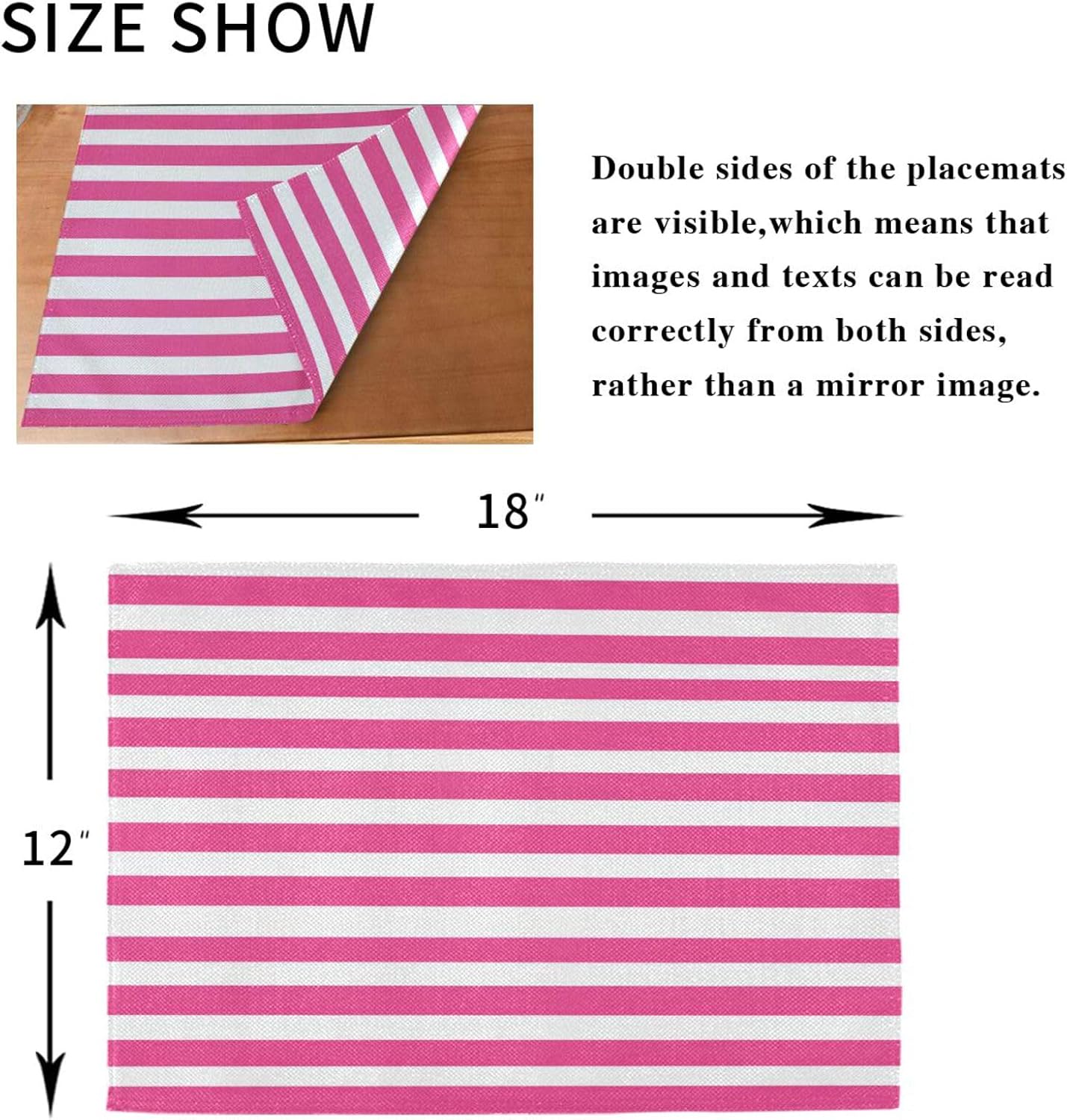 ALAZA Pink White Striped Set of 6 Placemats Rectangle Table Mat for Dining Table Restaurant Kitchen Home Decor, 12" x 18"