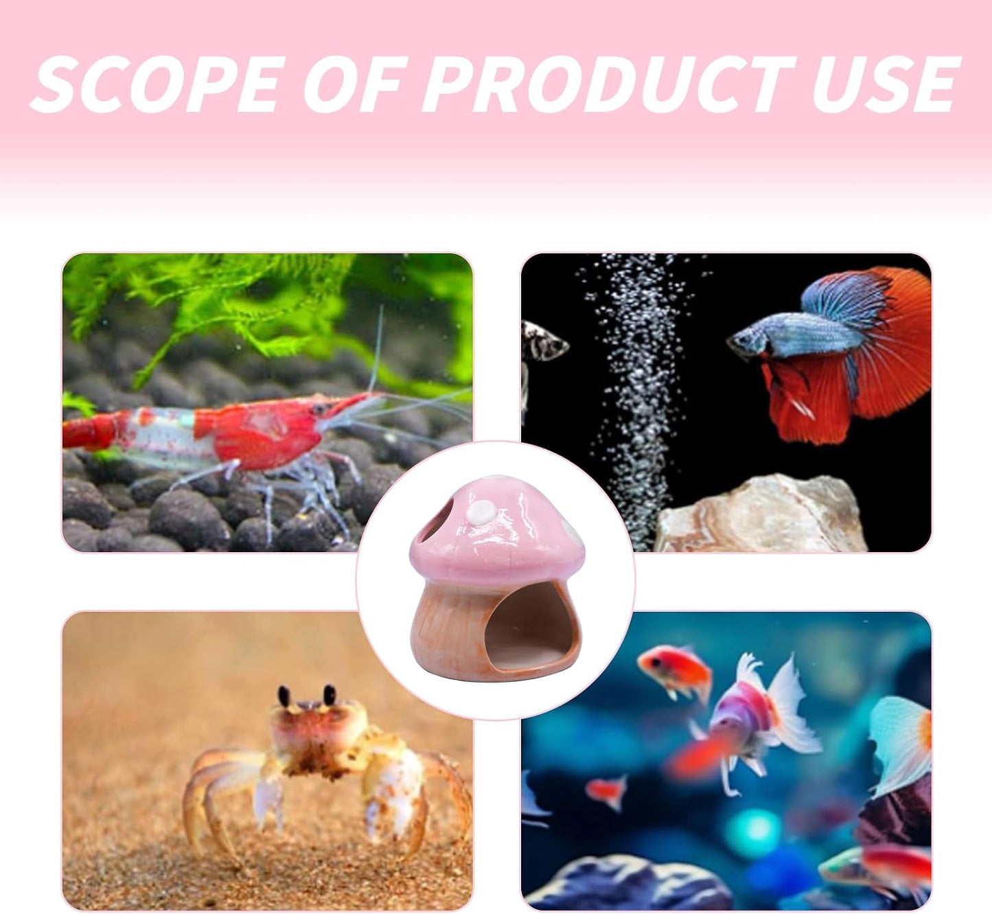 Aquarium Mushroom House Decorations, Ceramic Fish Tank Hideout Landscaping, Small Fish Hideaway Spawning Cave Decor for Shrimp Goldfish (Pink)