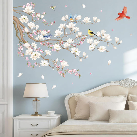 SHUCHING Pink and White Flowers Wall Decal Peel and Stick, Vinyl Vintage Floral Tree Branch Wall Sticker, Wall Decor Art for Girls Bedroom Living Room