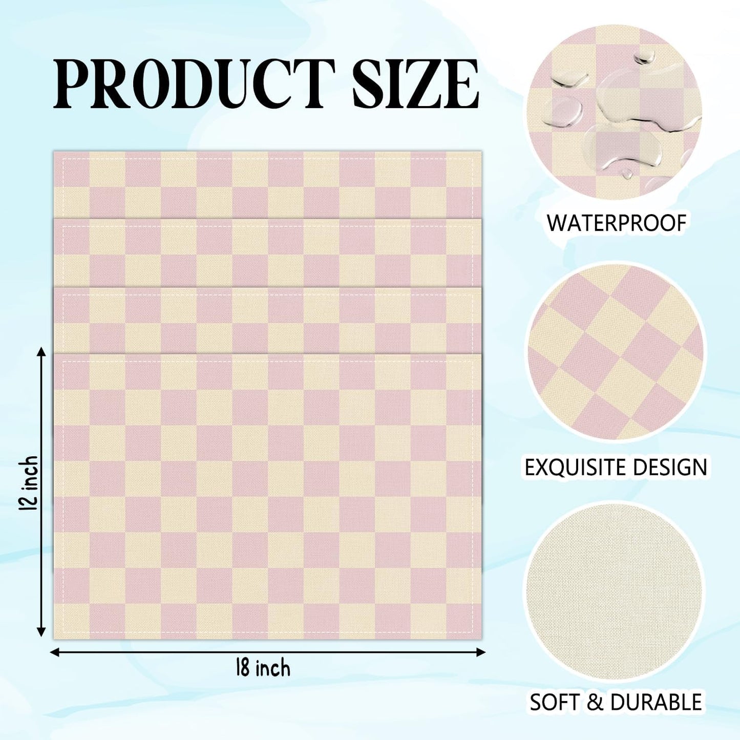Pink Beige Checkered Mats Set of 4 Waterproof Placemats, Washable Placemats, Heat Resistant Non-Slip Place Mats for Indoor Outdoor Decoration, Dinner Kitchen Wedding Party Holiday Décor-13