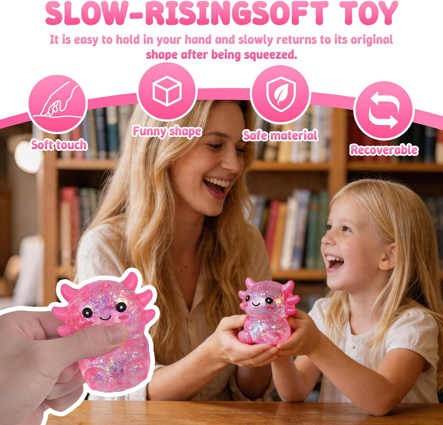 Squishy Toys Axolotl Squeeze Toy, Soft Sensory Squishy Toys for Stress Relief and Autism Support, Slow Rising Handheld Squishy Toys for Boys Girls Age 3+ (Pink)
