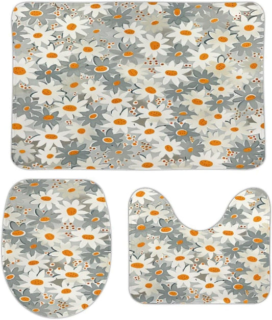 Bathroom Rugs and Mats Set 3 Piece Nonslip Small Daisies in Light Grey and White Bath Rug and U-Shape Contoured Toilet Mat & Toilet Lid Cover Mat Blush Pink Flower Bath Carpet Bath Mats 20"x32"