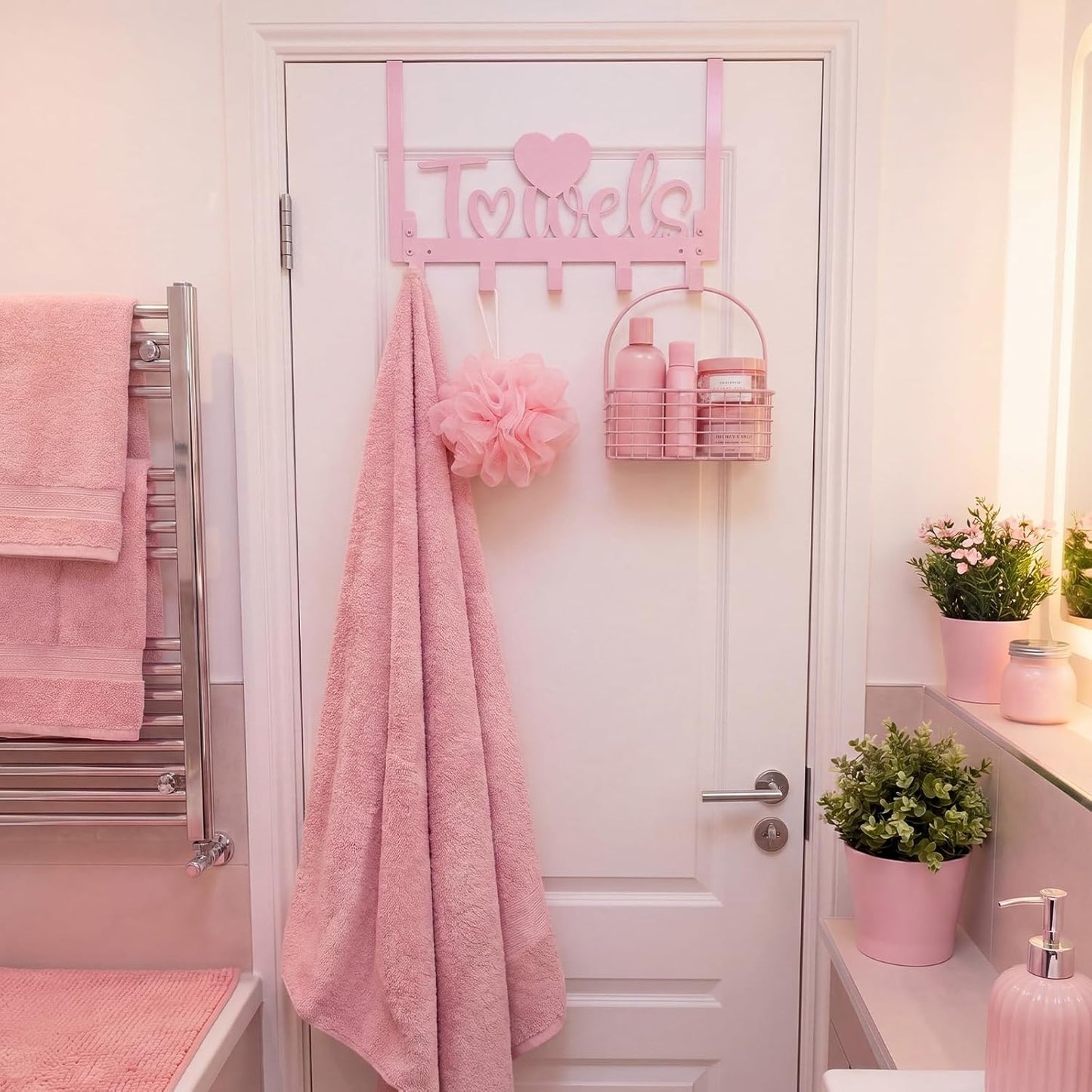 Kathfly Pink Heart Over the Door Hooks Coquette Heart Towels Letter Hooks Heavy Duty Hanging Towel Rack Kawaii Room Decor, 5 Coat Hanger for Bedroom Bathroom Kitchen