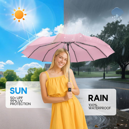 Travel Compact Umbrella, Folding Travel Umbrella for Rain and Shine Small, Windproof Automatic Open/Close, Portable Umbrellas