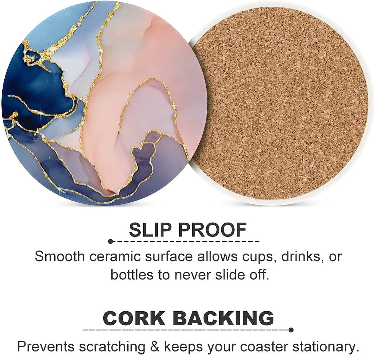 Pink Gold Marble Drink Absorbent Coaster,Pretty Marble Design Ceramic Drink Coaster with Cork Base,Housewarming Gifts,Tabletop Protection Suitable for Kinds of Cups(Pack of 4)