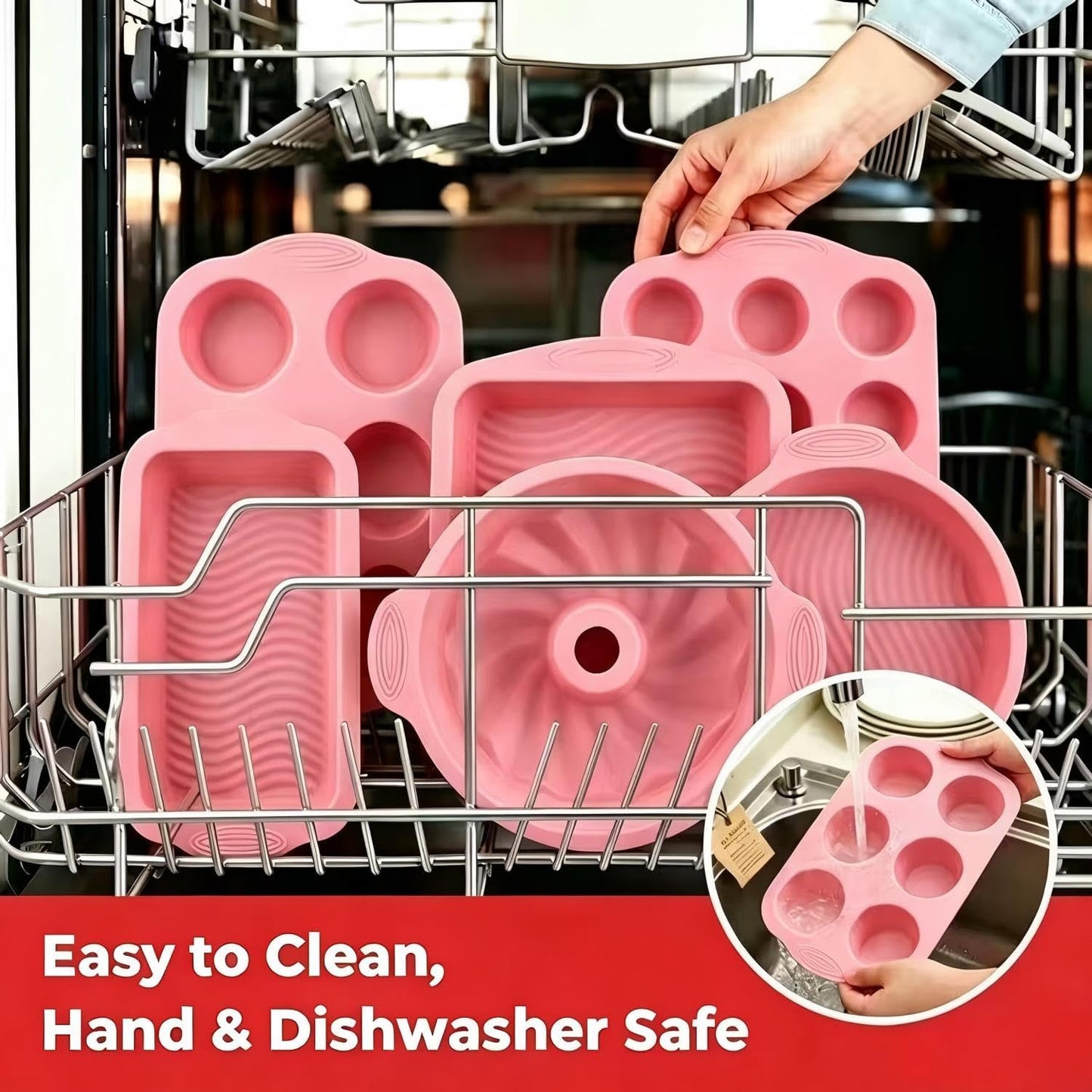 25 PCS Silicone Baking Pans Set, Nonstick Bakeware Sets with Round Cake Pans, Muffin Pans, Baking Cups and Spoons for 450°F Oven Safe Bread, Cupcakes and Desserts (Pink)