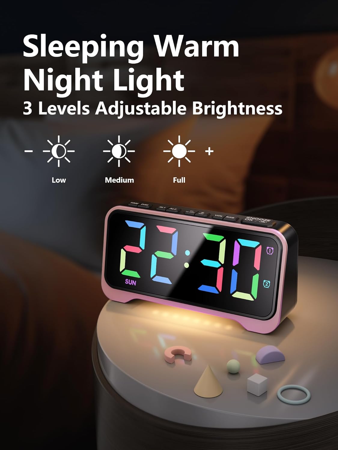 Mesqool Pink Digital Alarm Clock for Girls & Teens – Super Loud Alarm for Heavy Sleepers, RGB Display, Dual Alarm with Snooze, USB Charger, Night Light, Battery Backup, Plug-in Powered