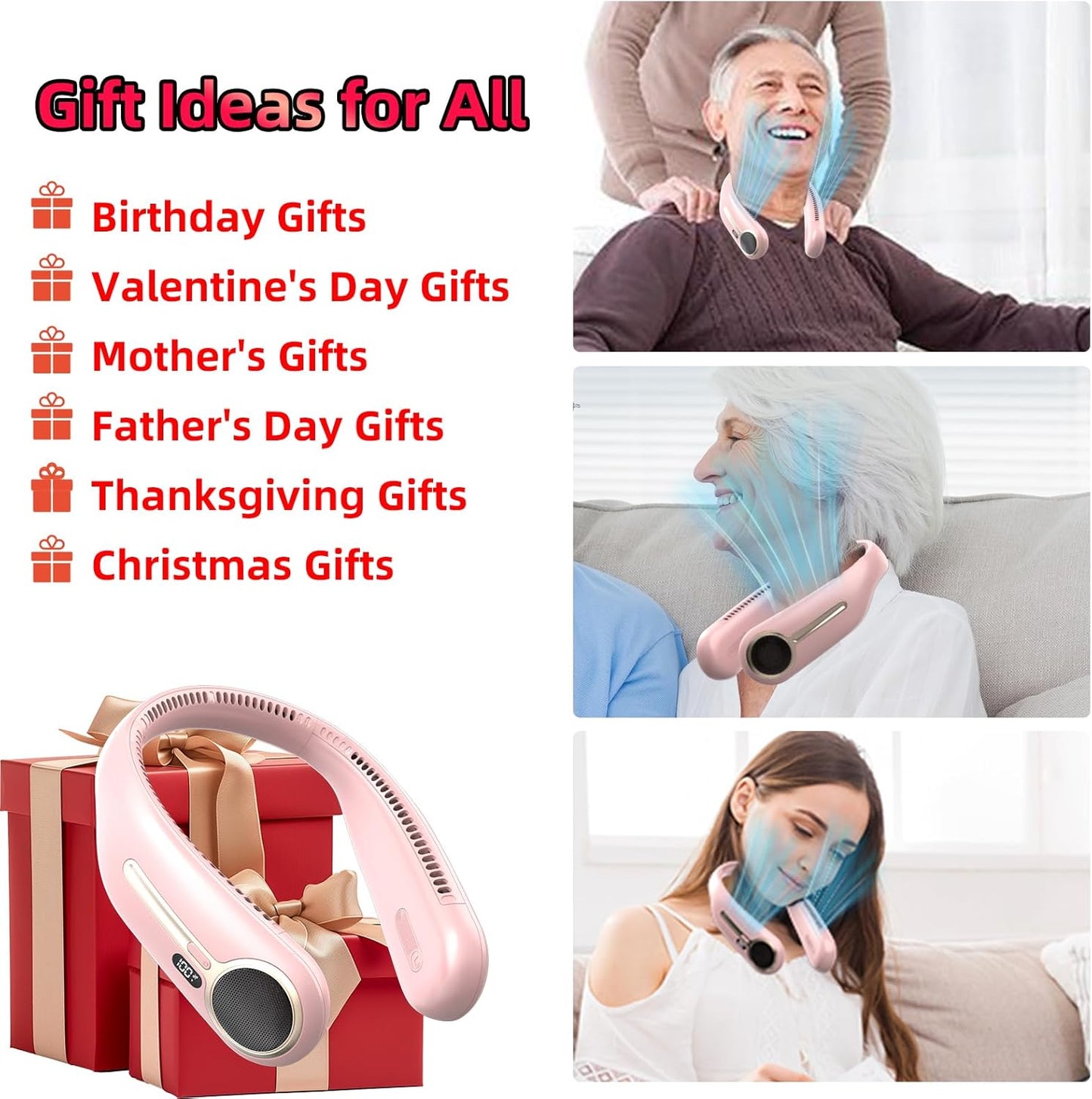 Portable Neck Fan, Personal Wearable Bladeless Fan, 6000mAh USB Rechargeable, 360° Cooling, LED Display, 4-Speeds, Hands Free Fan for Outdoor Indoor, Birthday Gifts for Men Women Dad Mom (Pink)