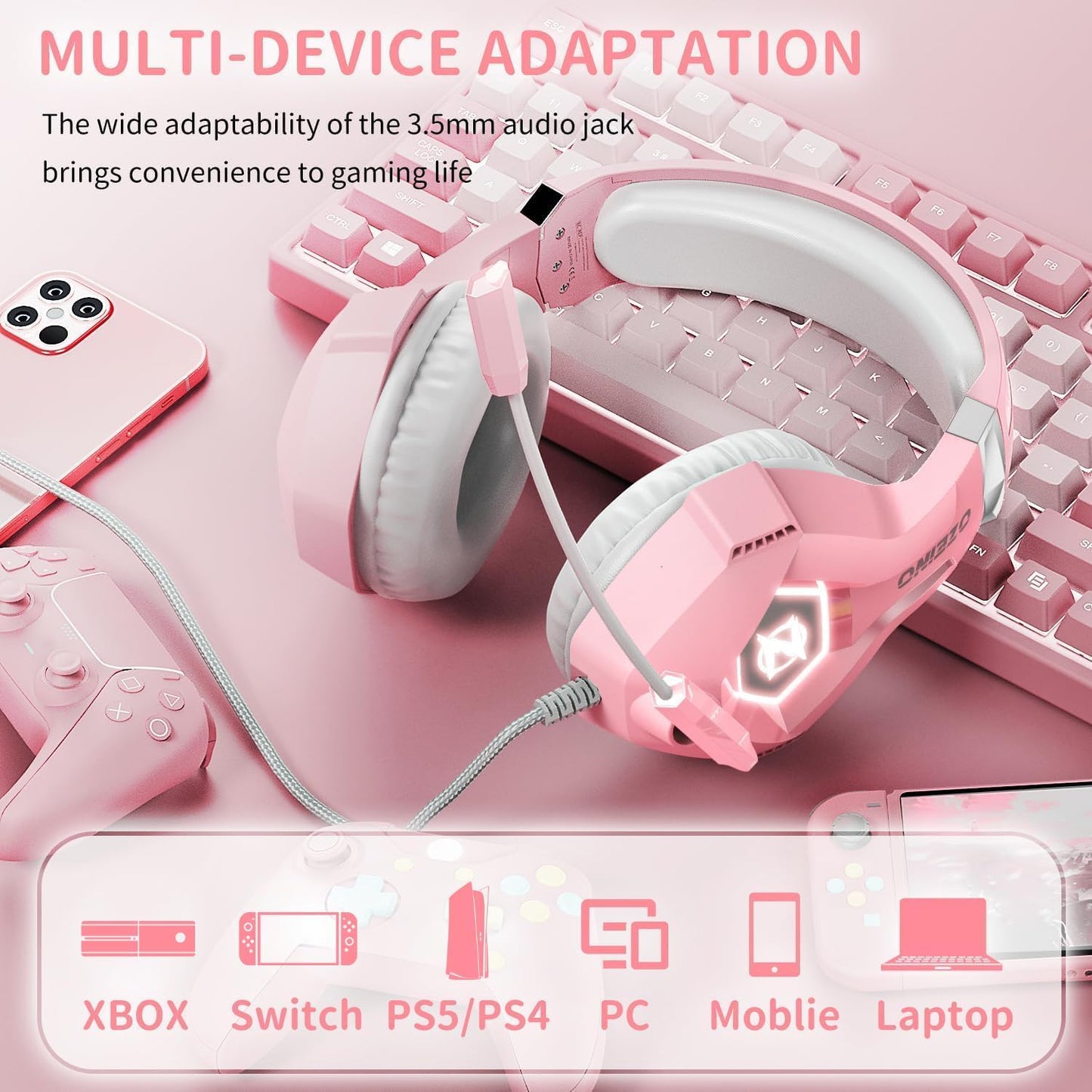 Ozeino Gaming Headset for PC, Ps4, Ps5, Xbox Headset with 7.1 Surround Sound, Gaming Headphones with Noise Cancelling Mic RGB Light Over Ear Headphones for Xbox Series X/S, Switch-Pink