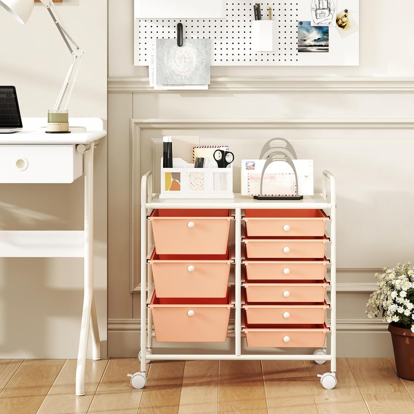 COSTWAY Rolling Storage Cart with 9 Drawer, Utility Cart with Metal Frame | Mobile Art Supply Craft Organizer, Multipurpose Storage Organizer for Paper, Office, School Teacher, Classroom, Peach