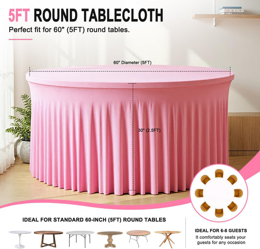 2 Pack Pink Table Cloths for 5FT Round Tables, Fitted Spandex 120 inch Round Tablecloth, Wrinkle Free Pink Table Skirt for Receptions Birthday Photography Social Events Engagement Party Decorations