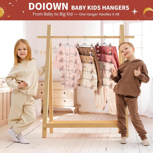 DOIOWN 6-Tier Baby Hangers with Clips - Space Saving Kids Pants Hangers for Babies & Kids Pant,Clothe,Adjustable Toddler Clothes Hanger for Newborn Children Closet Organization Pink 2Pack