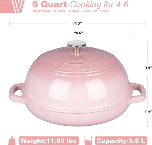 VORRINGARD Enameled Cast Iron Dutch Oven Pot with Lid, Bread Oven for Sourdough Bread Baking, Dutch Ovens with Bread Proofing Basket& Baking Supplies Set, 6 Quart, Pink