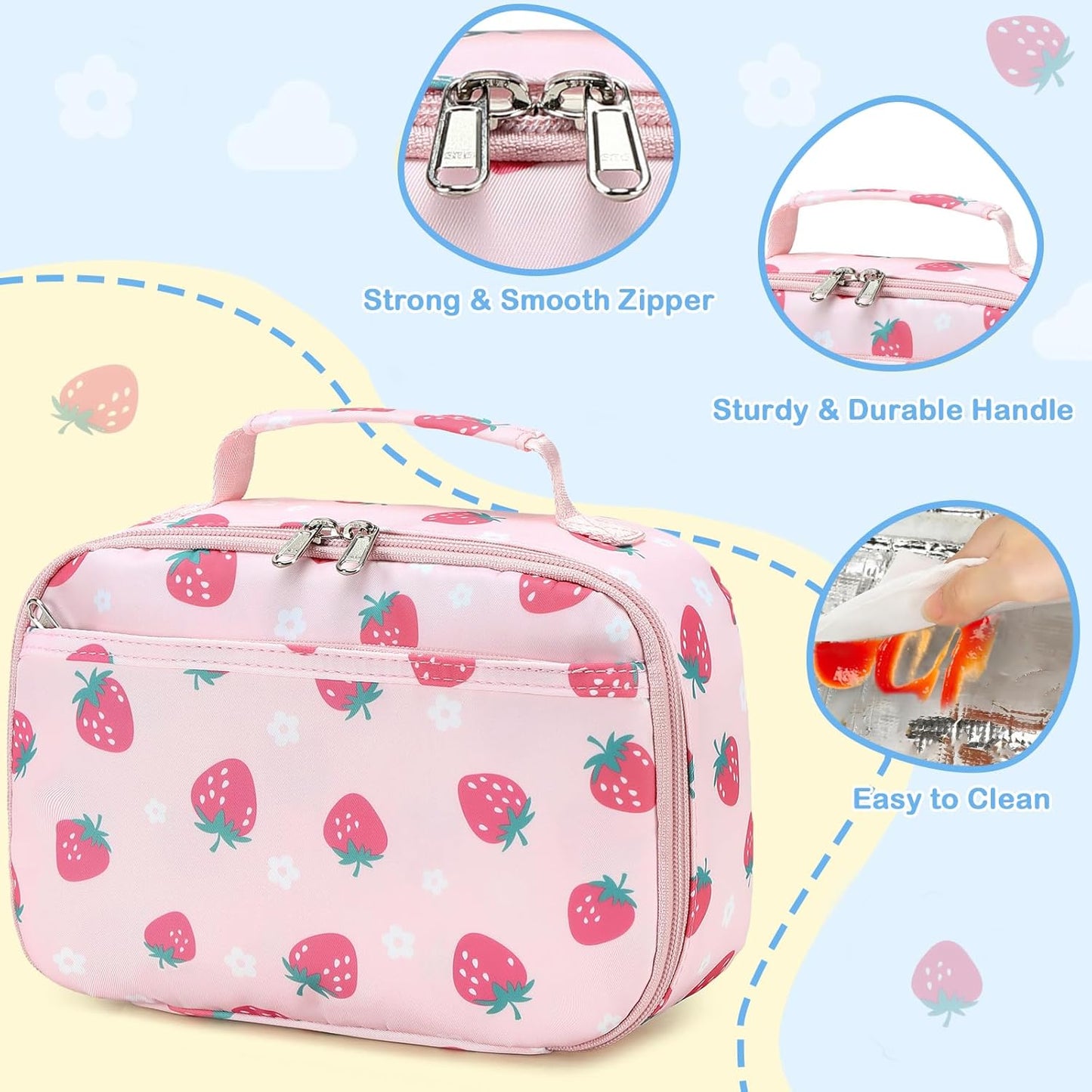 CAMTOP Lunch Box Kids Boys Girls Insulated Lunch Cooler Bag Reusable Lunch Tote Kit for School Travel (Pink Strawberry)