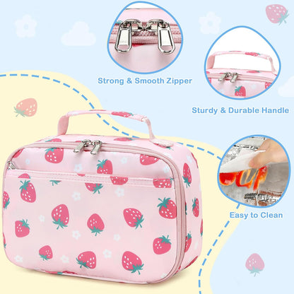 CAMTOP Lunch Box Kids Boys Girls Insulated Lunch Cooler Bag Reusable Lunch Tote Kit for School Travel (Pink Strawberry)