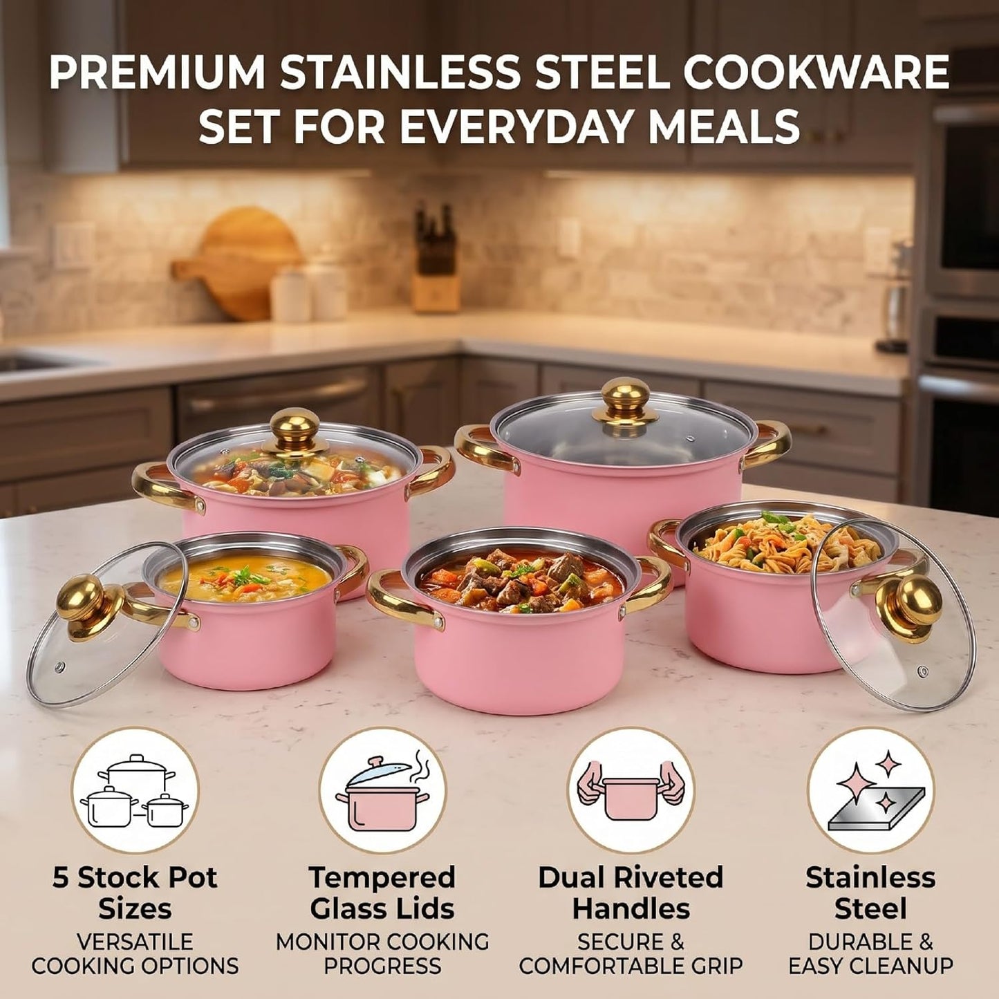 Zerodis 5Pcs Stainless Steel Stock Pot Sets, 16cm/18cm/20cm/22cm/24cm Sauce Pans with Transparent Glass Lids and Handles for Kitchen Cooking Boiling Frying Stewing (Pink)