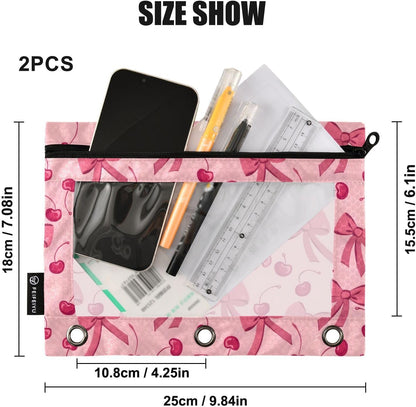 Pink Bow Cherry Pencil Pouch for 3 Ring Binder 2 Pack Zipper Binder Pencil Bag with Clear Window Pencil Case for Office Supplies