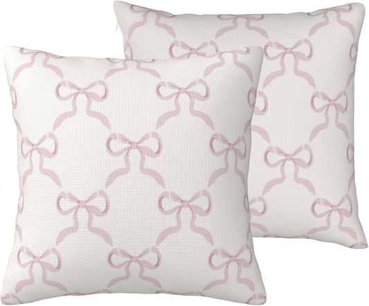 Pink Bow Pillow Covers Cream Ribbon Bow Decorative Throw Pillows Covers 18x18 Inch Set of 2 Bowknot Pillowcase Cushion Cover for Couch Sofa Bedroom