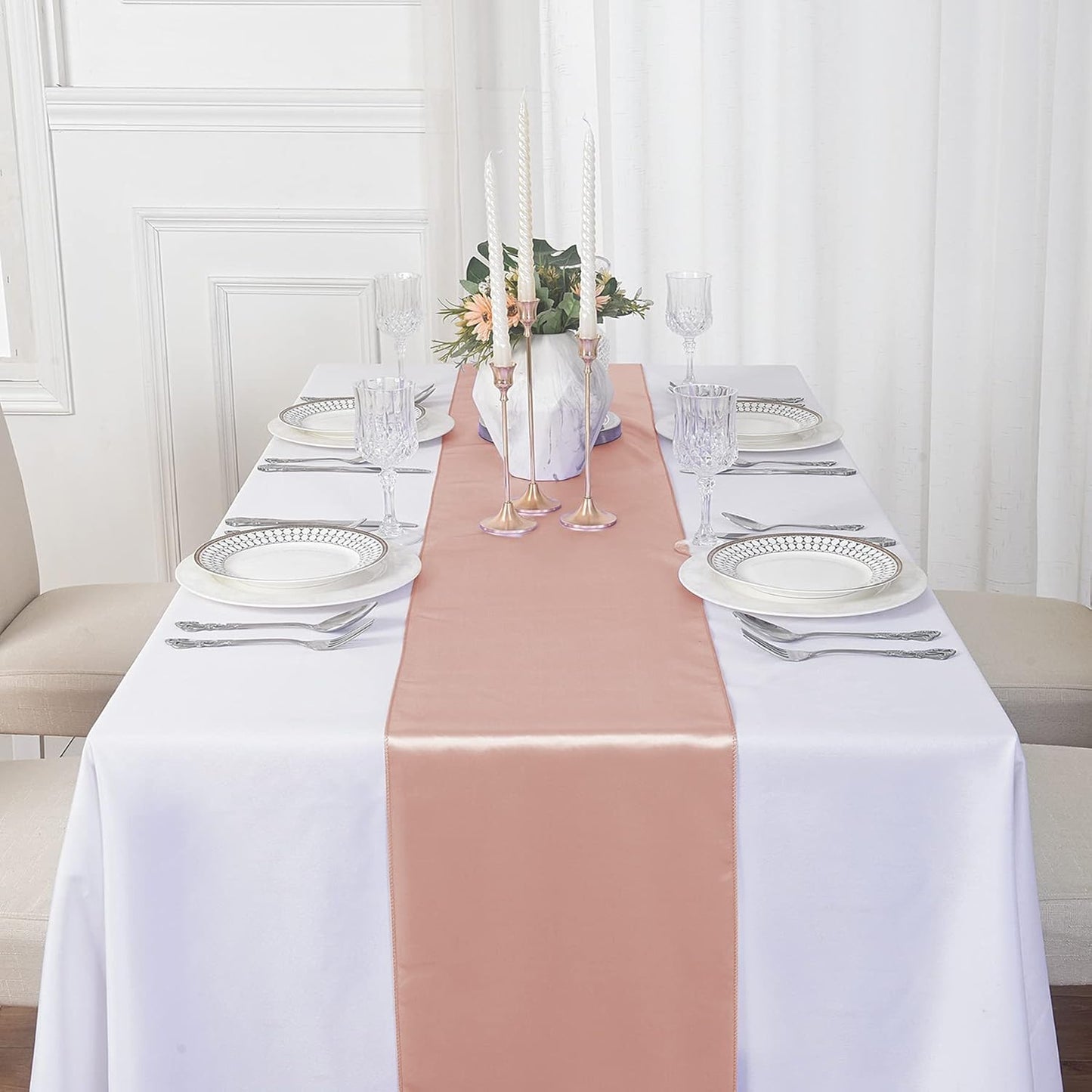 6Pack Table Runner 12 x 108 Inches Satin Silk Table Runner for Wedding, Birthday Party, Banquets, Graduations Decoration, fit Rectange and Round Table-Rose Gold
