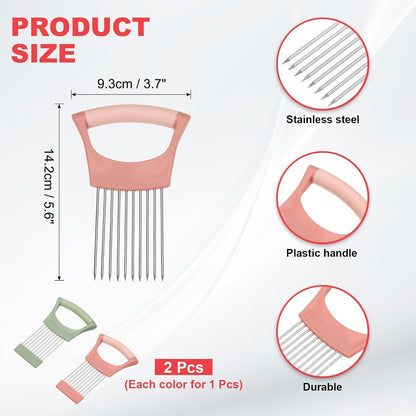 uxcell 2 Pcs Onion Slicer Holder, Stainless Steel Vegetable Cutting Holder Food Cutter Tool for Slicing Storing Onions Tomatoes Potatoes Avocados Apples, Green/Pink