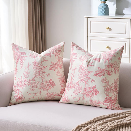 Pink Floral Throw Pillow Covers 18x18 Inch Velvet Pillowcase Vintage Rustic Farmhouse Chinoiserie Flower Cushion Covers for Bed Sofa Patio Furniture Couch Home Decor Set of 2
