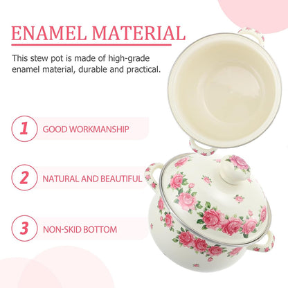 SHINEOFI Enamel Stock Pot Double Handle 20cm Pink Rose Vintage Style Covered Soup Pot for Home Cooking and Stewing