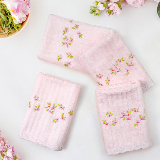Jacquotha Pink Washcloths 4 Pack (Floral Embroidered), Soft Wash Cloths for Face, Body, Showering, Spa & Bathroom Decor, 13” x 13"