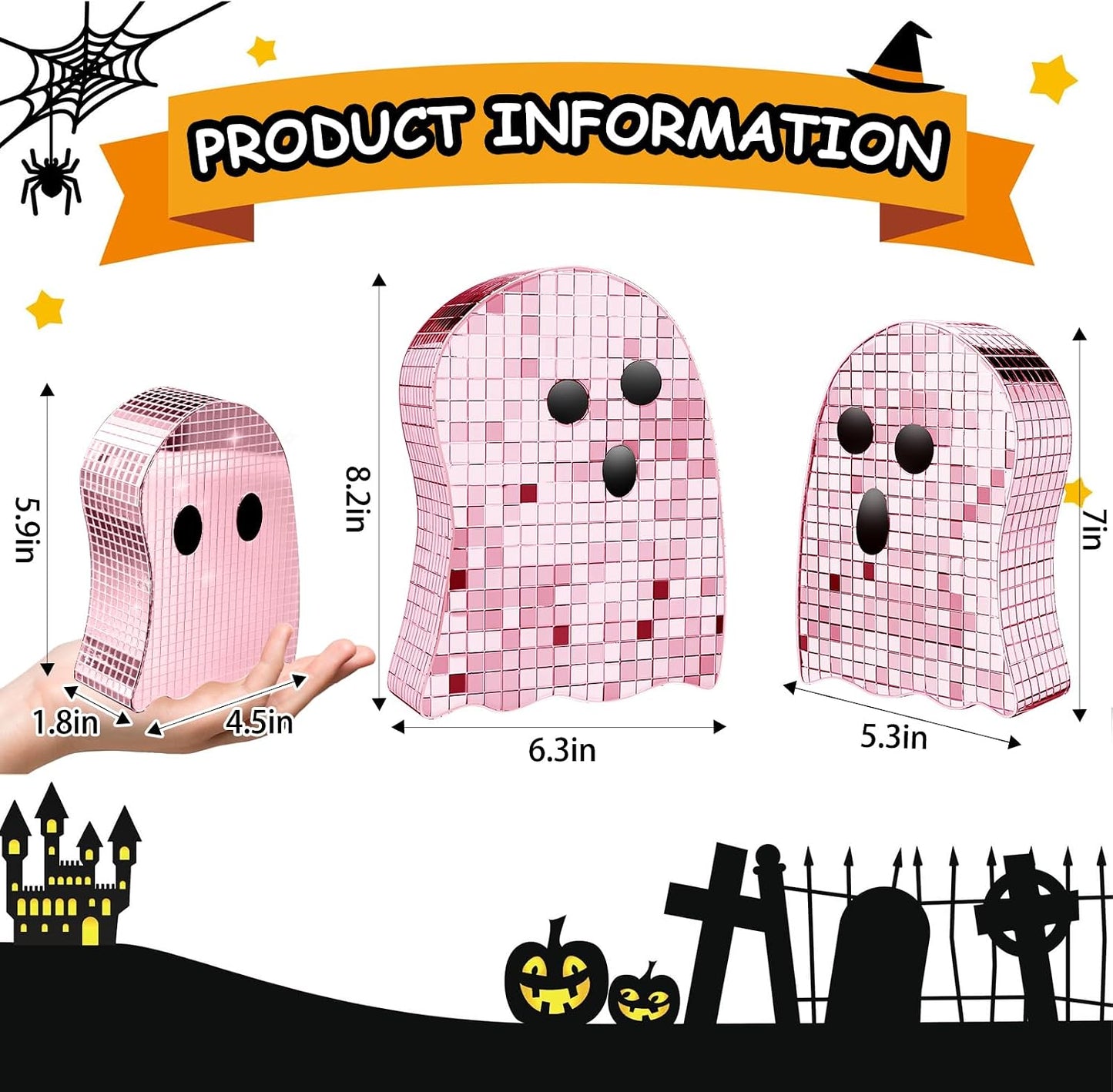 3 Pcs Halloween Disco Ghost Decor,5.9" 7" 8.2" Ghost Mirror Disco Ball Indoor Glitter Spooky Ghost Sign Halloween Tiered Tray Decor Mosaic Table Centerpiece for Party Gift (Pink)