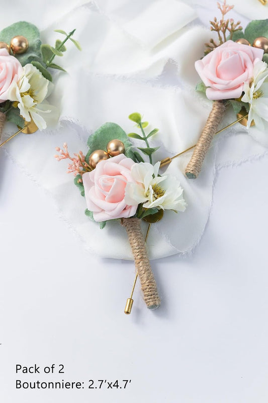 Boutonniere for Men Wedding, Groom Groomsman Artificial Rose Flowers for Wedding Anniversary Celebration,Prom,Party,Home Decoration Set of 2 (Blush)