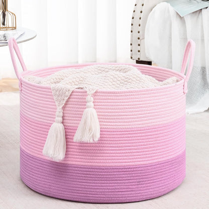 Extra Large Toy Basket, 20"x13" Kids Toy Storage for Playroom Classroom Nursery, Woven Rope Blanket Basket with Handles, Stuffed Animal Organizer & Dog Toys Basket, Pink